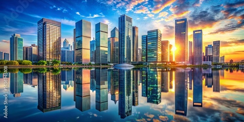 Reflective Skyscrapers & Minimalist Cityscape: Modern Business Architecture Stock Photo