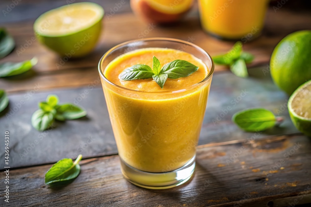 Fototapeta premium Refreshing Mango Lime Basil Smoothie - Tilt-Shift Photography