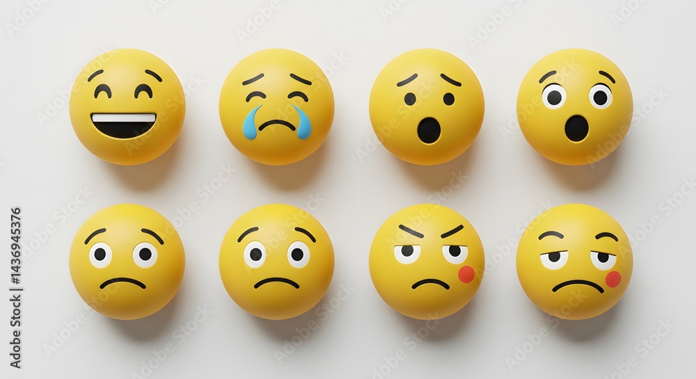 Obraz premium A collection of eight yellow emoji faces displaying various expressions on a white background surface