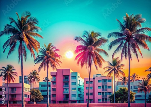 Retro Miami Beach Cityscape: Minimalist 80s Palm Tree Landscape