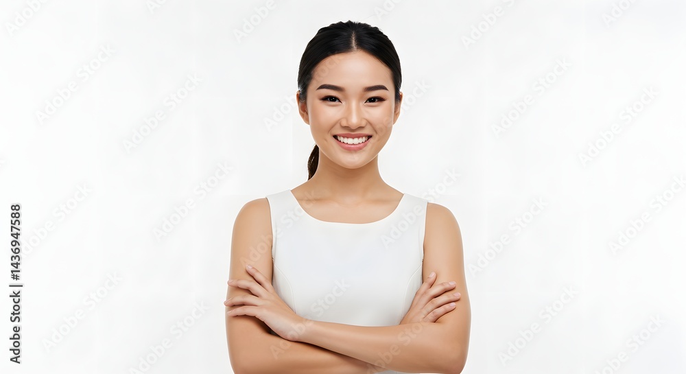 Obraz premium Portrait of a smiling asian woman with arms crossed wearing a white top against a white background