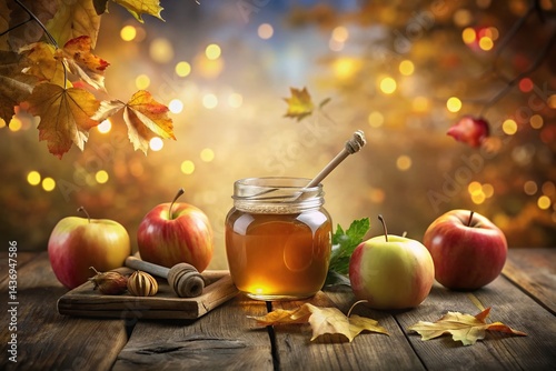 Rosh Hashanah: Honey, Apples, Wooden Table - Double Exposure Stock Photo