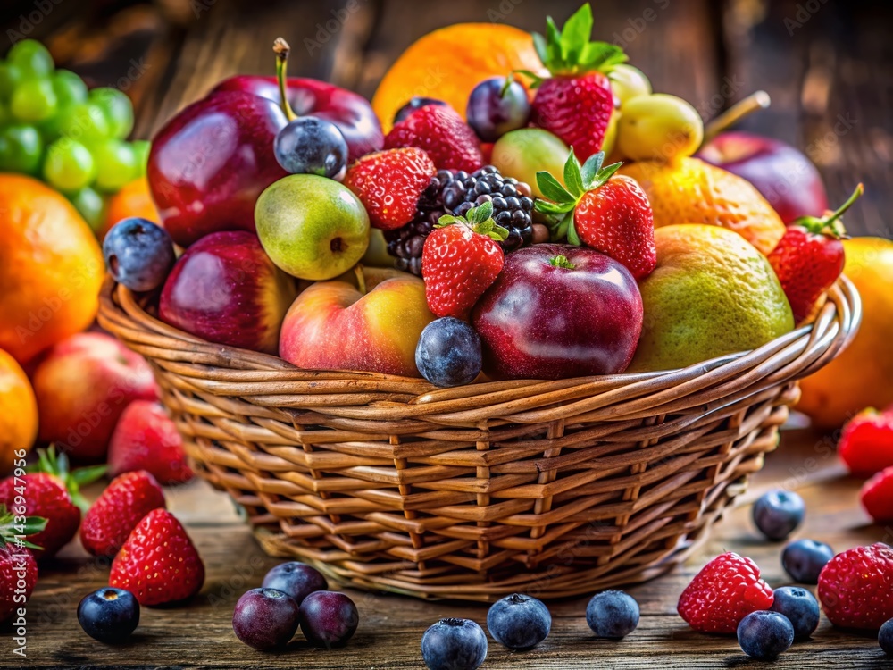 Rustic Basket Overflowing with Fresh, Sparkling Fruit - Macro Photography Rustic Basket Overflowing with Fresh, Sparkling Fruit - Macro Photography