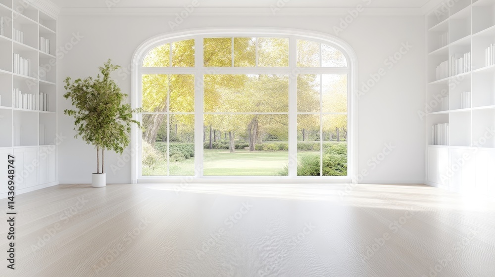 Fototapeta premium Bright Room Plant and Bookshelves Minimalist Style High-Resolution Natural Light Wide Shot Arched Window Serene View Empty Space White and Green Tones Ideal for Real Estate Ads