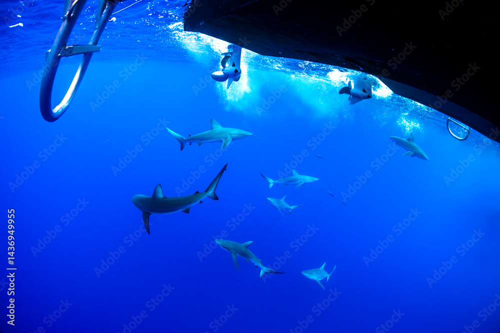 Obraz premium A group of sharks swims beneath a boat in Hawaii’s blue waters.