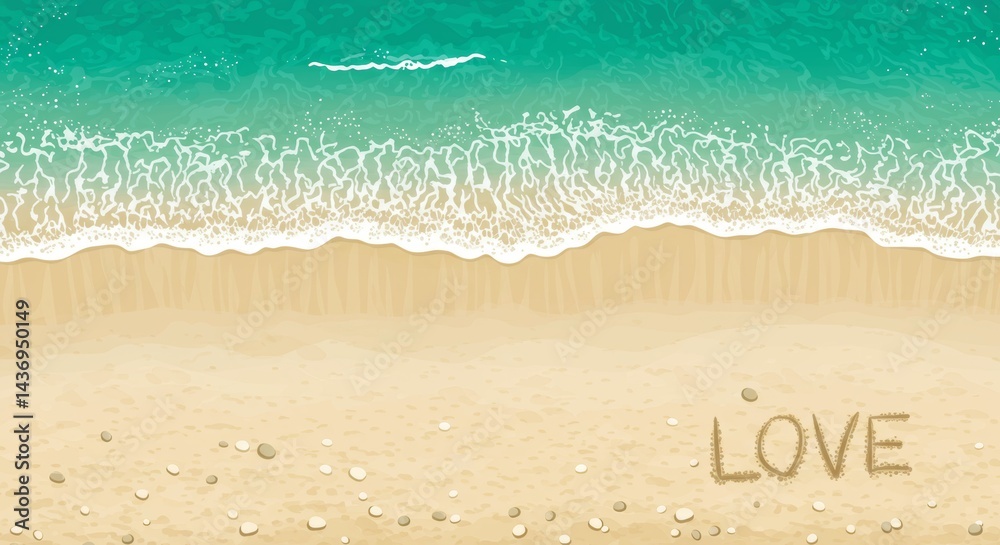 Fototapeta premium Aerial view of turquoise ocean waves washing onto a sandy beach with the word love written in the sand creating a serene tropical escape