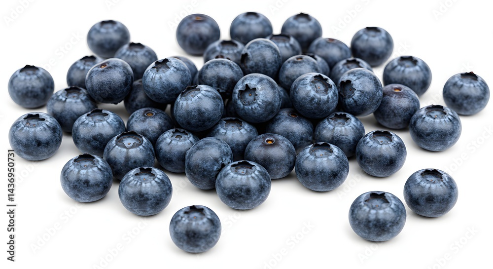 A close up shot of a heap of fresh blueberries scattered on a white surface in a studio setting A close up shot of a heap of fresh blueberries scattered on a white surface in a studio setting