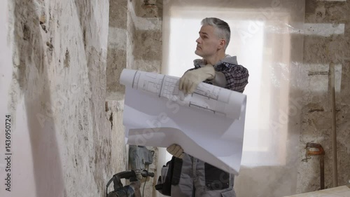 Confused puzzled construction builder worker at a renovation building site reading house plans and blueprints looking around in confusion trying to understand the project layout, tasks and works to do