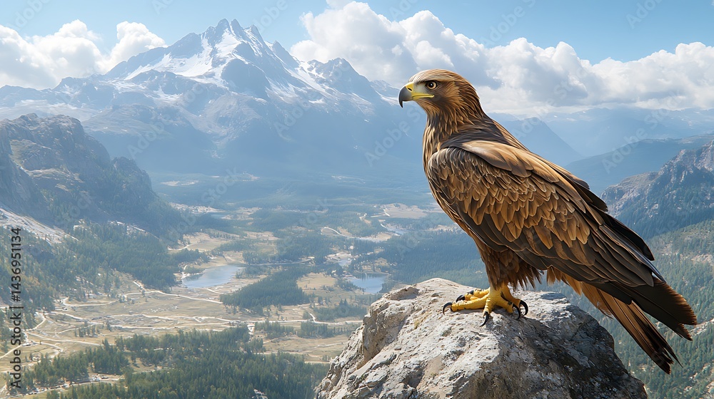 Fototapeta premium A golden eagle perched on a high cliff edge overlooking a vast valley, sharp eyes scanning the landscape below, golden feathers glistening in the sunlight, dramatic mountain scenery with soft clouds i
