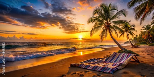 Serene Dusk: Quaint Beach Scene, Soft Waves, Palm Trees, Relaxation