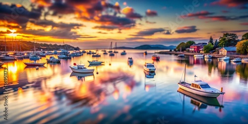 Serene Dusk Waterfront: Tilt-Shift Aerial View of Calm Harbor at Sunset