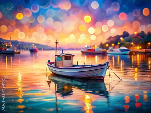 Serene Harbor Sunset: Boat at Dock with Bokeh Lights