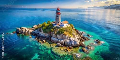 Serene Island Lighthouse: Aerial View of Calm Turquoise Waters & Clear Sky