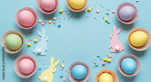 Overhead view photographic spring holiday decorations outlines spring holiday creatures dark pale colors multi colored avian reproductive cells spring holiday paper containers baking