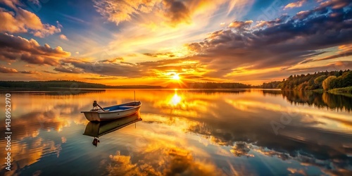 Serene Sunset Lake Boat Scene: Golden Hour Reflection, Calm Waters, Peaceful Escape
