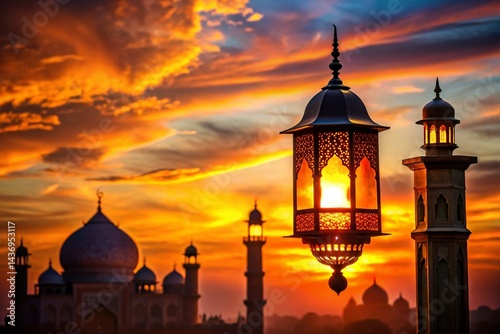 Serene Sunset Silhouette: Ornate Lantern & Mosque at Dusk