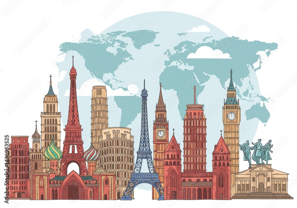 Fototapeta premium Europe landmark illustration Isolated on white background