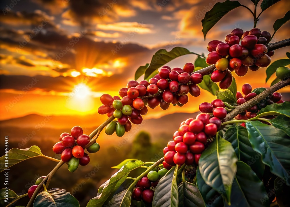 Silhouetted Arabica Coffee Beans Ripening on Brazilian Coffee Branch - Advertising Banner