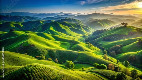 Silhouette Hills: Aerial View of Rolling Green Landscape Against a Vibrant Blue Sky