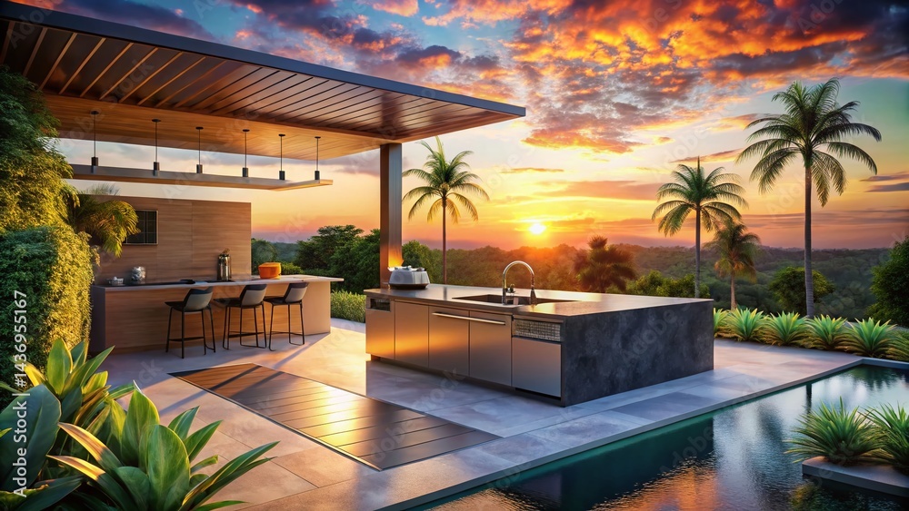 Obraz premium Silhouette of Modern Outdoor Kitchen & Pool at Sunset, Lush Greenery