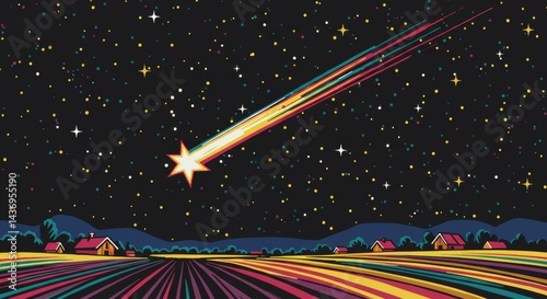 Colorful shooting star illustration over rural landscape with houses and stars, vector art for dreamy concept and design