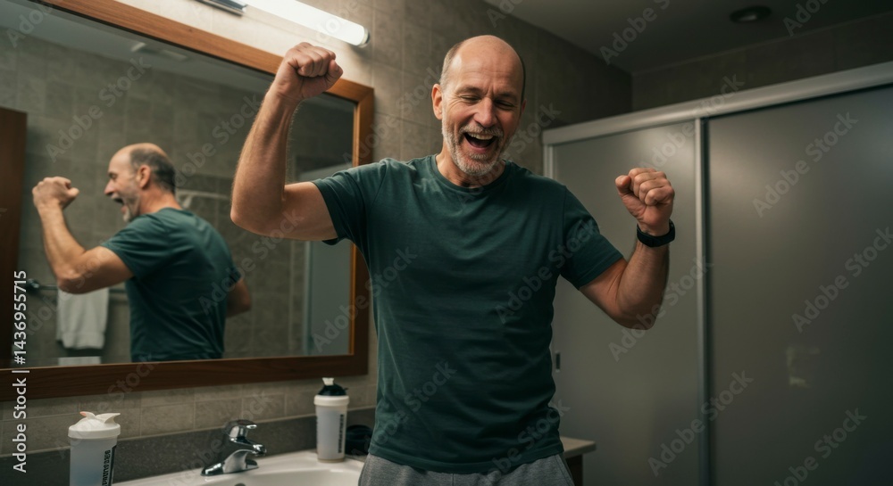 Obraz premium Happy Man Celebrating in Bathroom