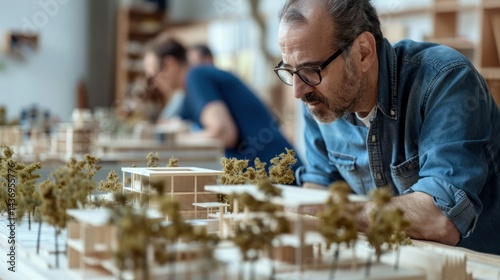 A focused individual inspects a detailed architectural model amid a busy design studio environment. Architectural Model Review
