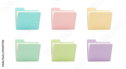 Six pastel colored file folders arranged in two rows on a white background in a studio shot