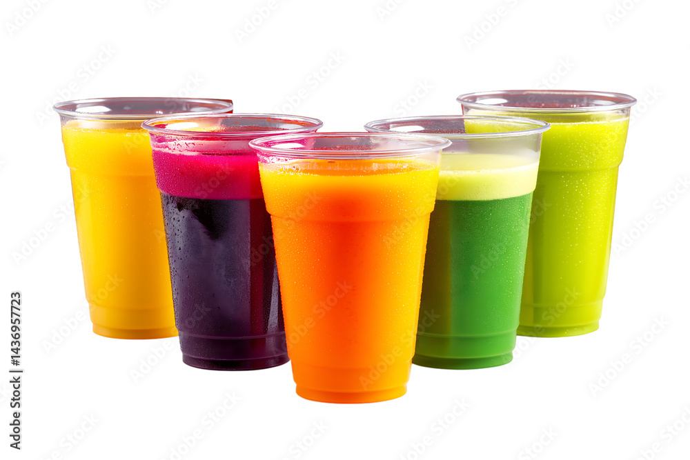 Different-colored juices in plastic cups, transparent background Different-colored juices in plastic cups, transparent background