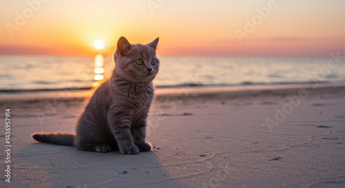 Gray kitten sitting on damp sand at the beach during sunset