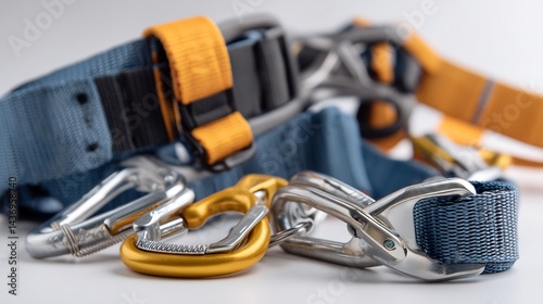 Close-up of safety carabiner with bright orange harness.