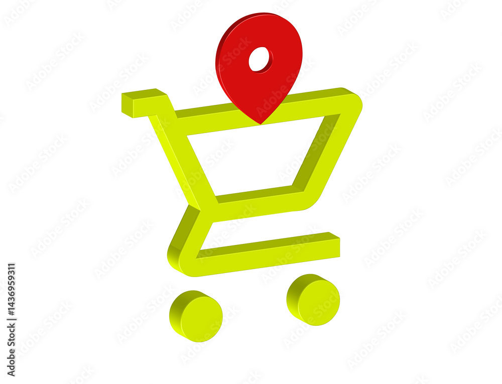 Simple 3D illustration of a yellow supermarket cart icon with a red location pin. Simple 3D illustration of a yellow supermarket cart icon with a red location pin.