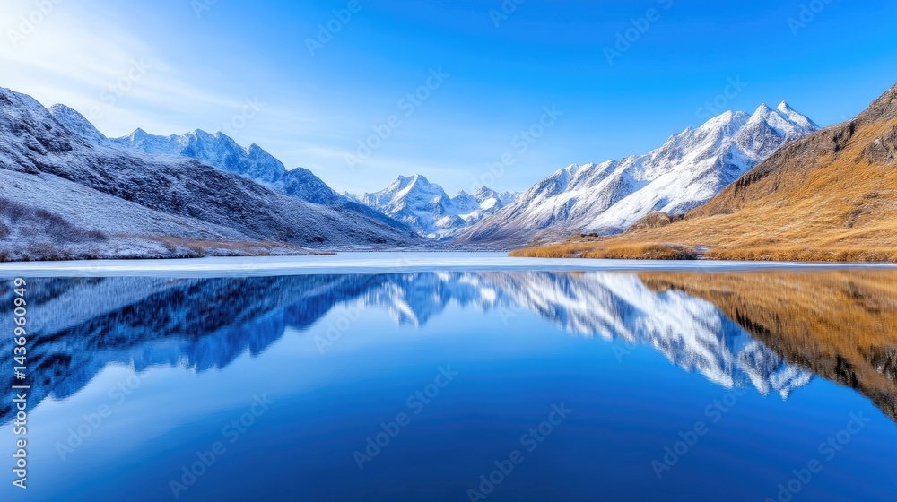 Fototapeta premium Mountain Lake Reflection with Snow-Capped Peaks Serene Vibrant Style High-Definition Panorama Perfect Symmetry Tranquil Landscape Clear Blue Sky Calming Ideal for Nature Calendars