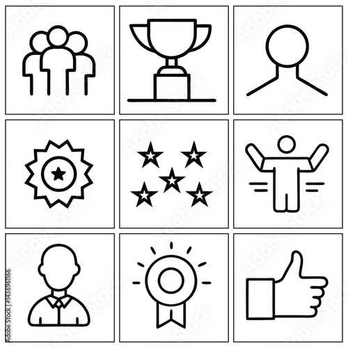 This vector set features black silhouette icons representing business, people, management, work, and communication concepts as stick figure pictograms
