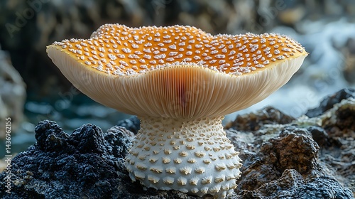 Vibrant coral mushroom perched on rocky shore with ocean waves crashing in the background