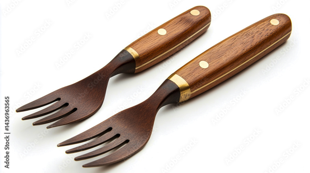 Naklejka premium Stylish wooden-handled knife and fork set, perfect for casual dining or outdoor activities. Isolated on a white background, ultra-realistic photography