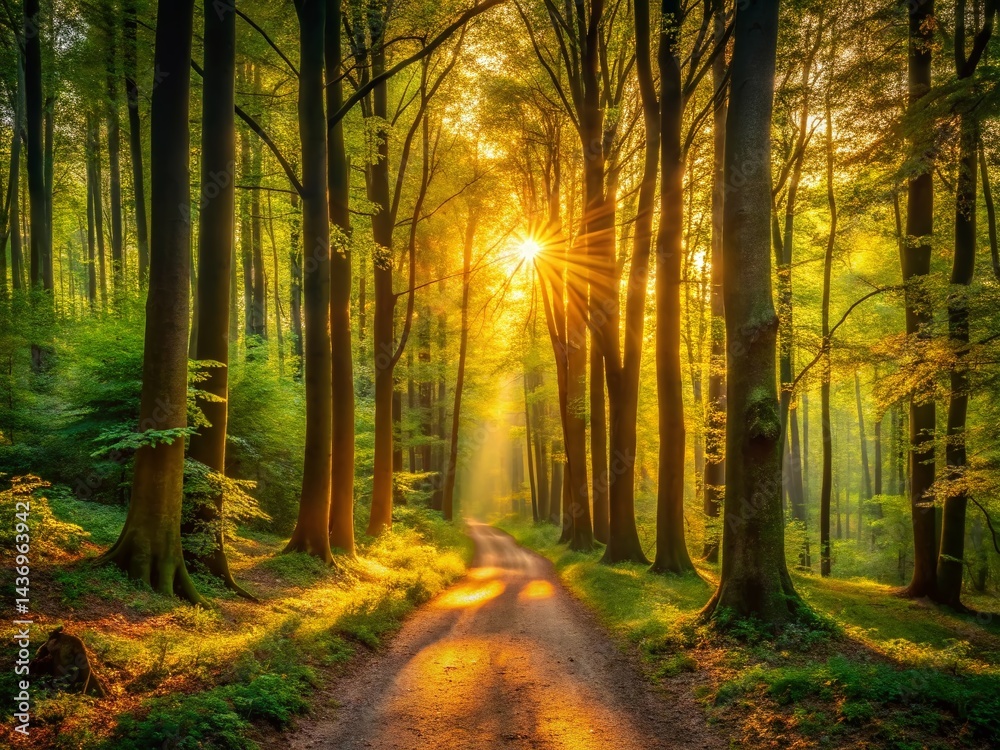Fototapeta premium Sunlit Forest Path: Golden Hour Woodland Trail Landscape