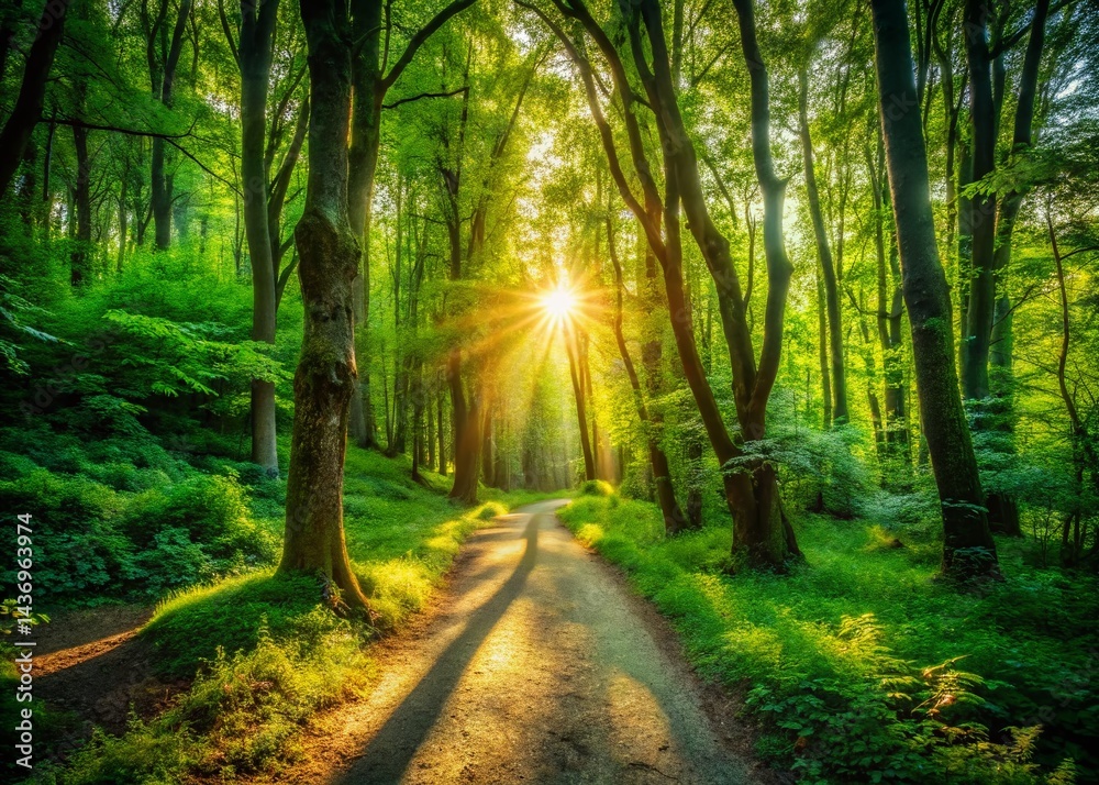Obraz premium Sunlit Forest Path Silhouette Photography: Majestic Sunbeams Through Lush Green Trees