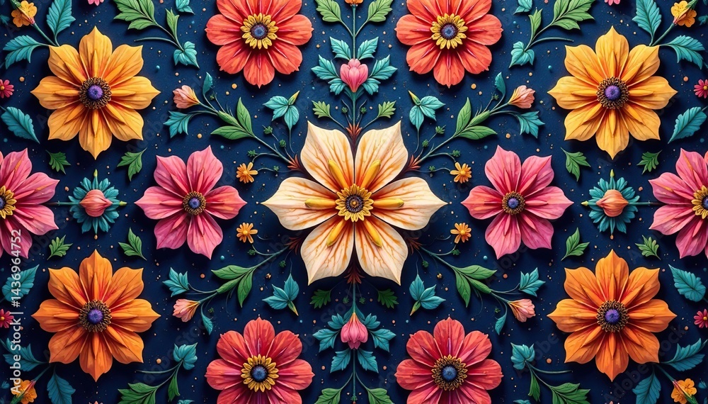 Intricate floral motifs within a hexagonal grid , modern, print, illustration Intricate floral motifs within a hexagonal grid , modern, print, illustration