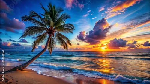 Sunset Beach Palm Tree Ocean Wave Summer Blue Sky Night Photography
