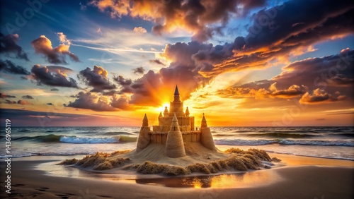 Sunset Beach Sandcastle: Tranquil Panoramic Photography