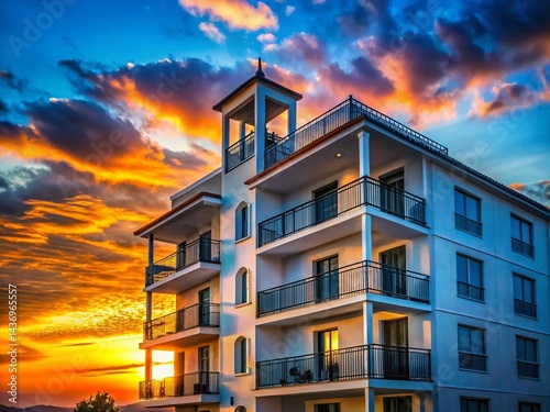Sunset Silhouette of Three-Story Building with Balcony & Windows