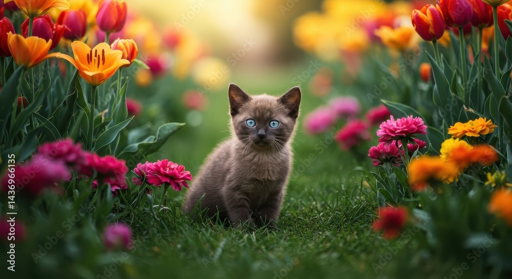 Fototapeta premium Small kitten with blue eyes sitting on grass surrounded by colorful flowers in a lush garden