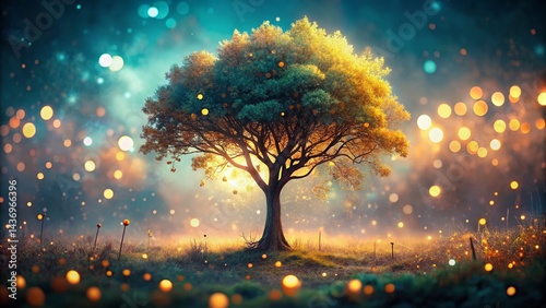 Surreal Bokeh Dream Tree: Fantasy Forest Night Scene Stock Photo