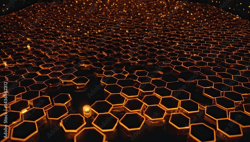 Fototapeta premium Abstract glowing hexagonal pattern background dark modern surface perspective view