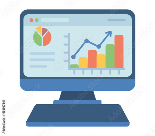 Web analytics information on a Computer screen flat icon. trend graphs report concept. statistic charts for planning and accounting, analysis, audit.
