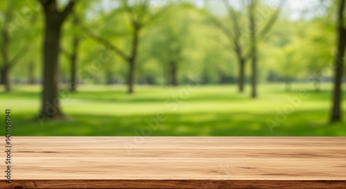 Envision vertical wooden table perfectly suited showcasing food products positioned softly blurred green garden featuring empty wood shelf desk blurred tree park spring summer warm brown table top