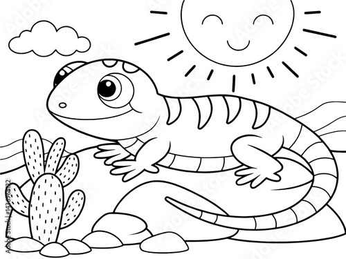 Cute desert lizard basking on rock under smiling sun outlined for children's coloring page, designed in simple black and white style to inspire learning about reptiles and desert habitats