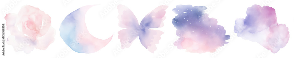 PNG Dreamy watercolor celestial elements, element set on transparent background