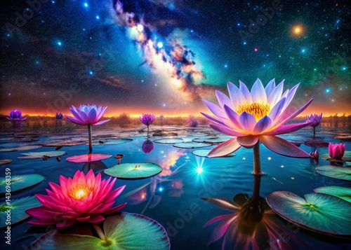 Surreal Luminous Lotus Pond: Dreamlike Night Bloom